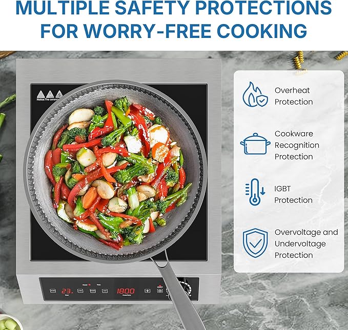 Commercial Induction Cooktop 1800W, Professional Electric Countertop Burner, 10 Power & 14 Temp Setting, Induction Hot Plate with Timer, Electric Stove with LED Screen, Black