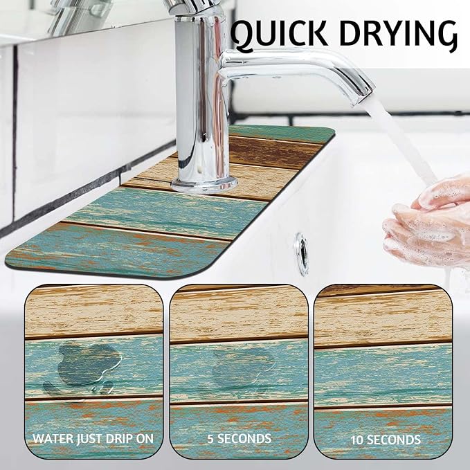 MCALK Wood Pattern Teal Kitchen Sink Faucet Mat Splash Guard, Absorbent - Image 2