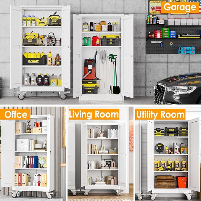 61''H Metal Garage Storage Cabinet with Wheels,Steel File Cabinets with 2 Doors and 3 Adjustable Shelves for Home Office, Warehouse, Required Assembly,White