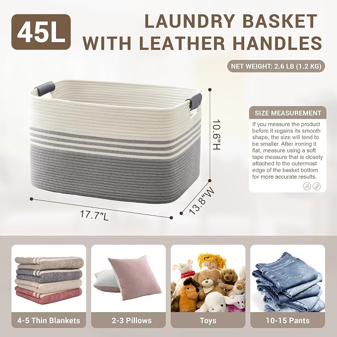 45L Small Woven Laundry Basket Hamper - Image 2