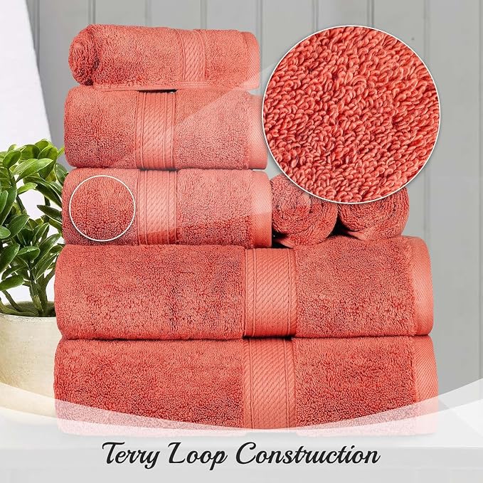 Superior Egyptian Cotton 800 GSM Plush & Absorbent, 9 Piece Set, Coral | Quick - Image 7