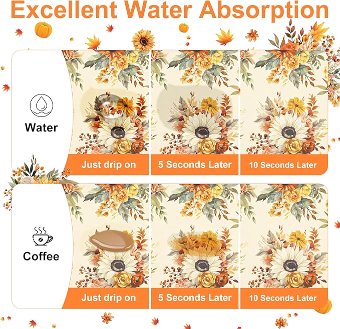 LOKHOM 12"x20" Fall Dish Drying Mat，Autumn Harvest Pumpkin Sunflower | - Image 3