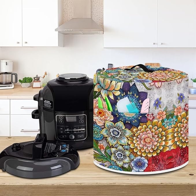 Dust Cover for 8 Quart Pressure Cooker Air Fryer Rice Cooker Kitchen Appliance Dust Covers with Storage Pockets Dust-proof Washable, Blooming Flower