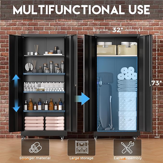 Greenvelly Metal Storage Cabinet with Wheels, 73” Black Metal Rolling Garage Cabinet with 2 Door and Adjustable Shelves,Locking Storage Cabinets for Garage Home Office Utility Room