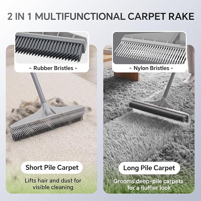 Walensee Carpet Brush for Pet Hair Removal, 2 in 1 Carpet Rake & Rubber Broom - Image 3