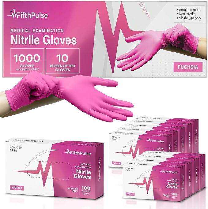 FifthPulse Fuchsia Hot Pink Nitrile Disposable Gloves -3 Mil Medical Exam by FifthPulse