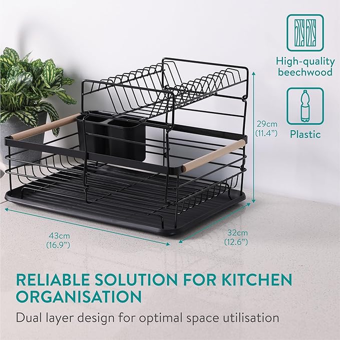 Navaris 2 Tier Dish Rack - Compact Drying Kitchen Board with Drip Tray & Cutlery Holder - Easy to Assemble and Clean Dishes - Sink Drainer Rack - Black