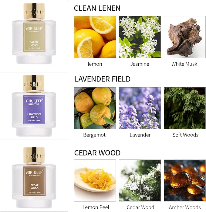 Reed Diffuser Set of 3, Clean Linen Lavender Field Cedar Wood Oil Reed Diffusers - Image 3