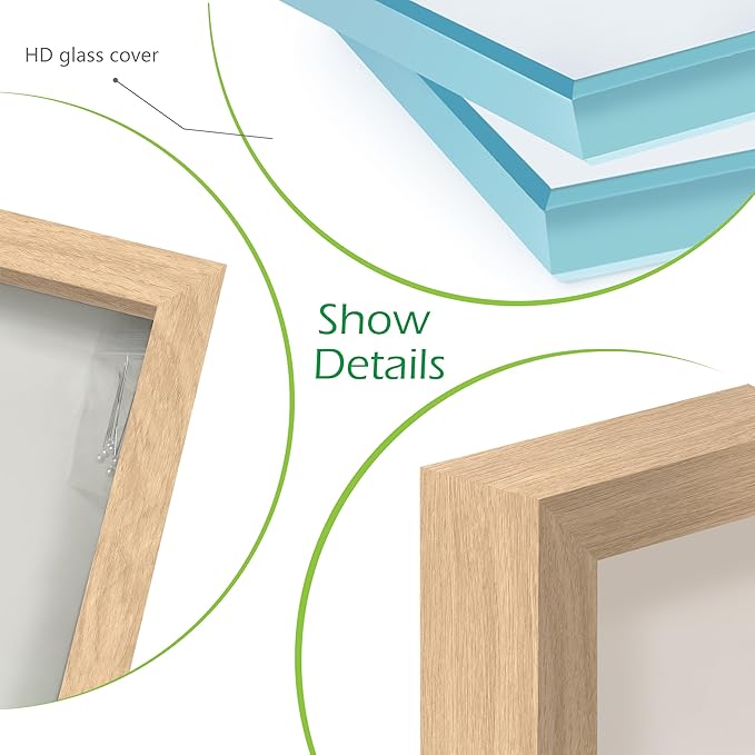 FrameWorks 11” x 14” Natural Oak Wooden Shadow Box Frame – Display Case with Soft Felt Back, Memory Box with Tempered Glass, Display Box with Elegant White Ball Push Pins, Wooden Flower Box