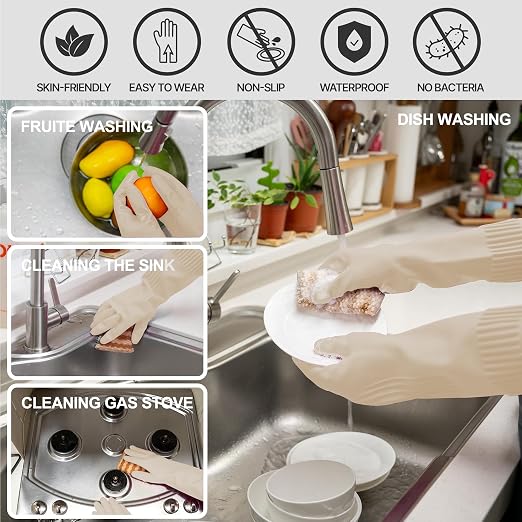 Mamison Rubber Dishwashing Gloves, Non-Slip Kitchen, Ivory Medium, 2 Pairs | - Image 4