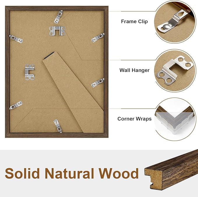 Vittanly 8.5x11 Picture Frame Set of 2, Solid Wood Frame for Wall or Tabletop, Display Photo 6x8 with Mat or 8.5x11 without Mat, Brown