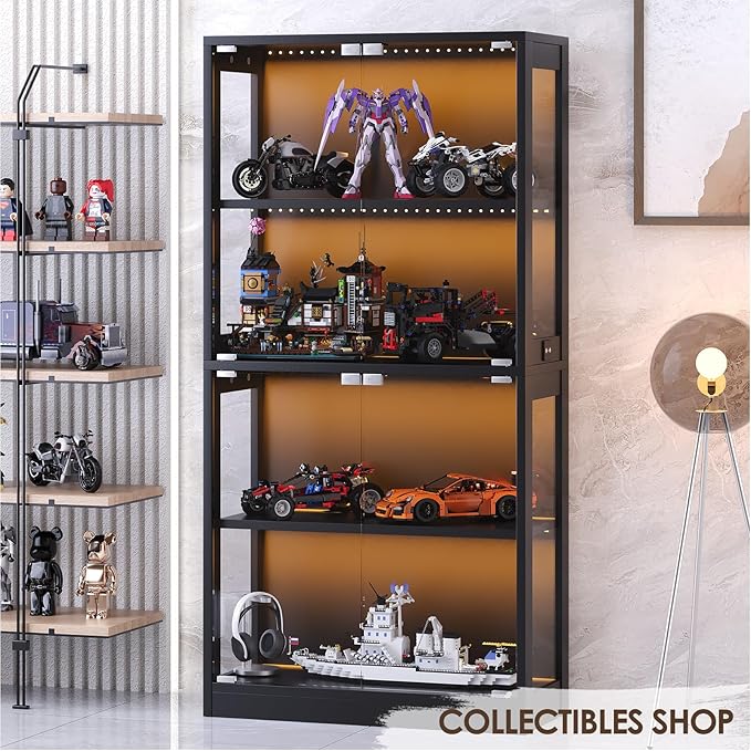 Display Cabinet with Glass Doors 4-Tier, 7 Vibrant Colors 3 Dynamic Lighting Modes, HD Glass Storage Cabinet with Human Body Sensor for Curio, Trophy, Collectibles (Black)