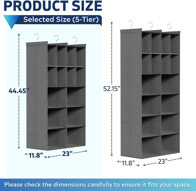 5 Tier Hanging Closet Organizer, 14 Compartments Dual Row Storage, 3 Sturdy - Image 2