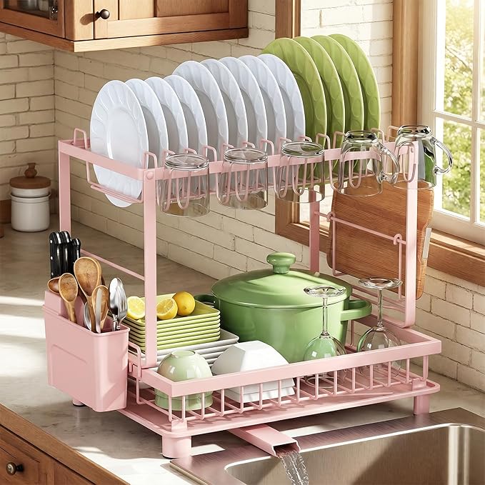 2-Tier Dish Drying Rack for Kitchen Counter, Space-Saving, Auto Drain Spout by Nfnoyp