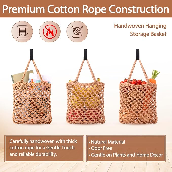 Honeydak 3 Hanging Baskets, Dark Brown, Cotton Rope - Image 5