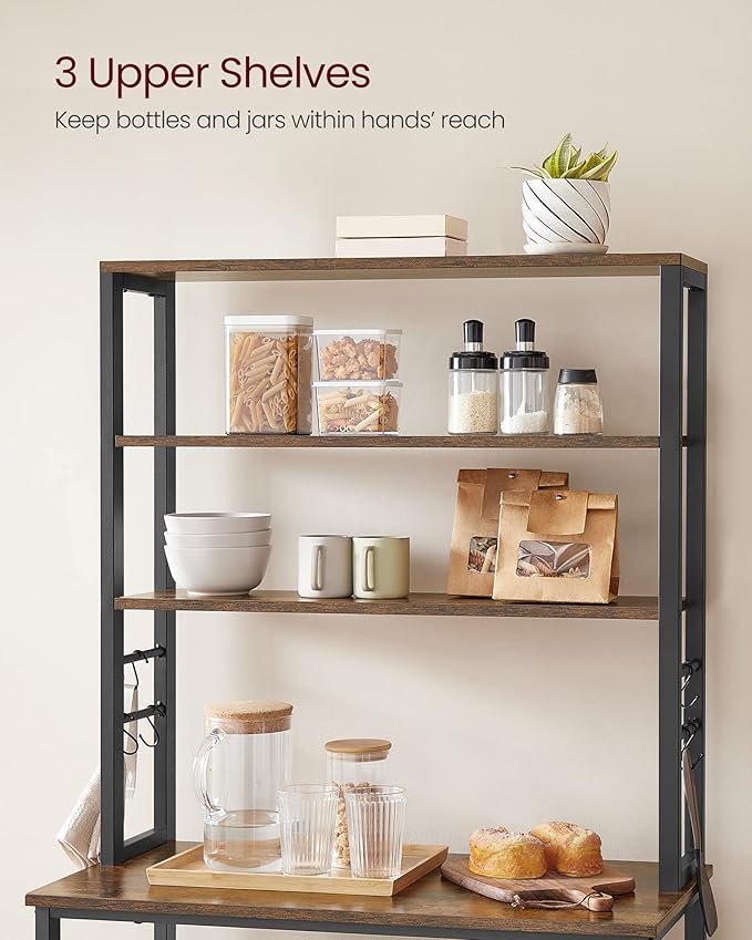 VASAGLE Coffee Bar, 31.5 Inches Baker's Rack for Kitchen with Storage, 6-Tier Kitchen Shelves with 6 Hooks, Microwave Stand, Industrial, Rustic Brown and Ink Black UKKS019B01