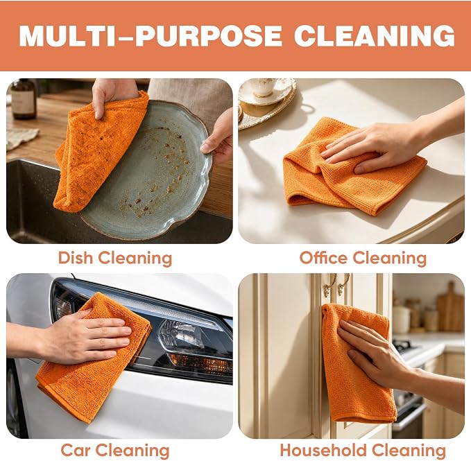 TEAWOO 10 PCS Orange Microfiber Cleaning Cloths, Car Towels, Kitchen Towels - Image 5