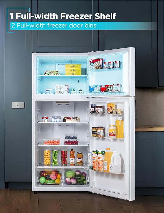 BLACK+DECKER 18.1 Cu. Ft. Top Mount Refrigerator with Freezer, 2 Door Refrigerator with Top Freezer and Adjustable Temperature Control, Full Size Fridge, ENERGY STAR Certified, BR1810HW, White
