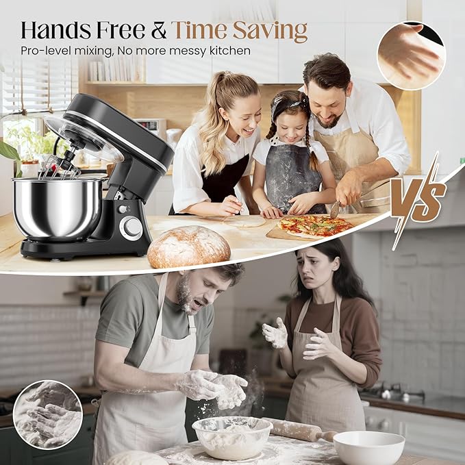 800W Stand Mixer with 5.3QT Stainless Steel Bowl - 6+P Adjustable Speed Electric Kitchen Mixer with Dough Hook, Whisk & Beater, Tilt-Head & Non-Slip Design- Black (YD-385NS)