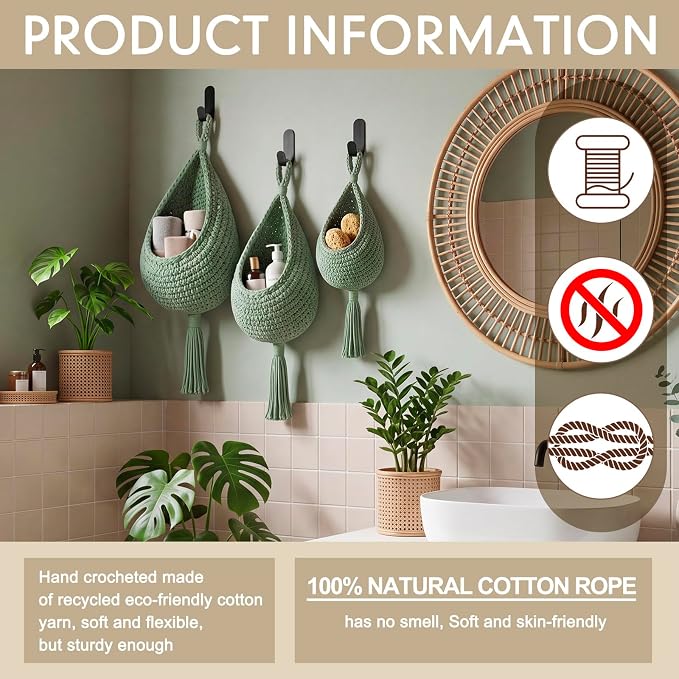 Honeydak 3 Hanging Baskets, Sage Green, Cotton Rope - Image 3