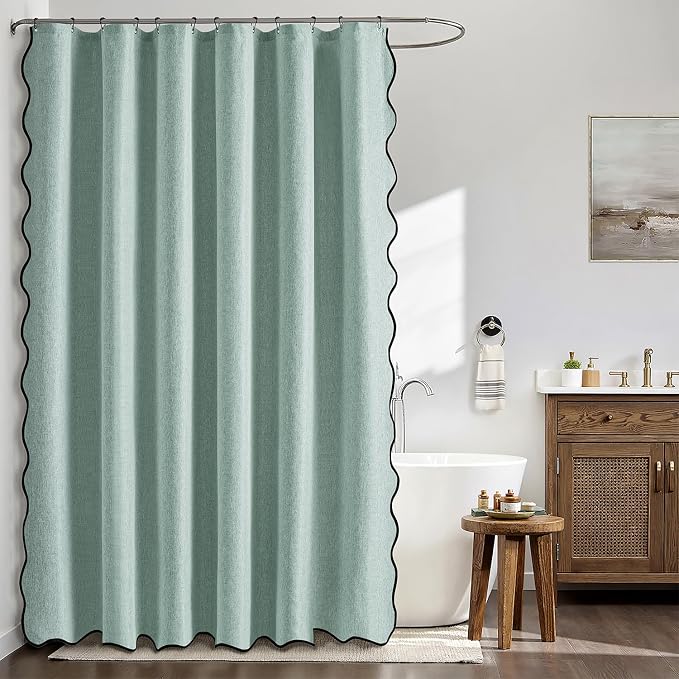 MIULEE Seafoam Green Scalloped Linen Shower Curtain 72x72 Inches - Image 3