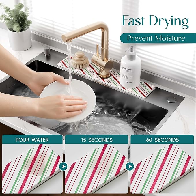 Stone Faucet Mat for Kitchen Sink, Diatomite Drying Stone Mat for Kitchen Counter, Prevent Moisture – Sink Splash Guard for Holiday Gift Home Decor (Red/Green, 20''x3.9'')