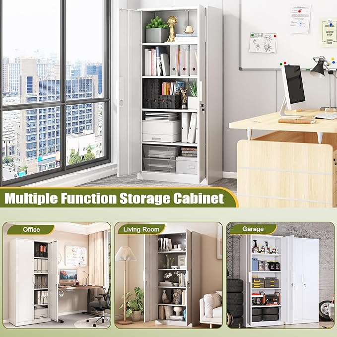 71" H Metal Garage Storage Cabinets with Adjustable Shelves,Steel Tall Cabinets with 2 Lockable Doors,Kitchen Pantry Cabinet,Metal Cabinet for Home/Office/Warehouse,White
