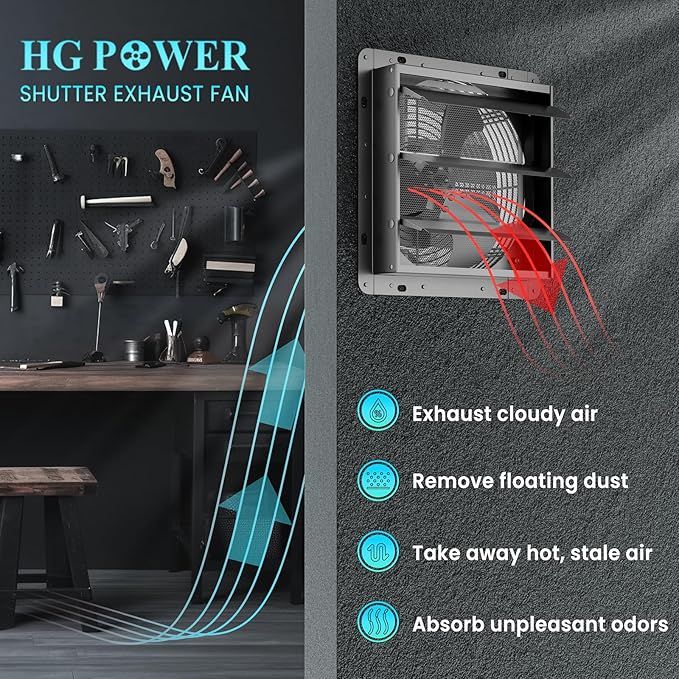 HG Power 12 Inch Shutter Exhaust Fan with Speed Controller, 764CFM High-Speed Vent Fan, 1400RPM Wall Mounted Attic Fan for Shed, Garage, Greenhouse Ventilation, Black