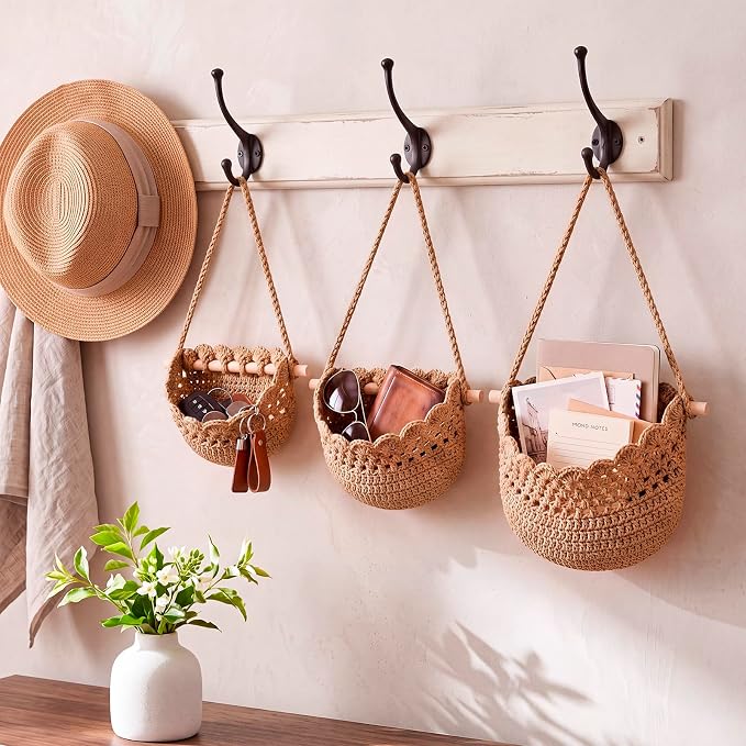 Honeydak 3 Hanging Baskets, Dark Brown, Cotton Rope - Image 5