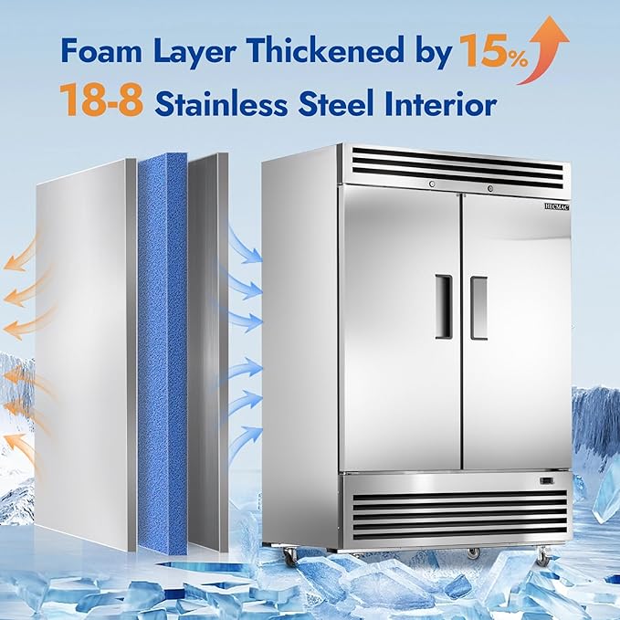 HECMAC 54" Commercial Freezer, 49 Cu.ft Reach-In Upright Fridge with 2 Solid Door, -8~0℉,18-8 Stainless Steel Interior, 6 Shelves, ETL&NSF/ANSI 7 for Restaurant, Bar, Shop, Kitchen Use