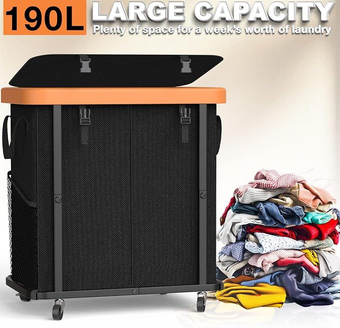 Laundry Basket with Wheels, 190L Leather Patchwork Laundry Hamper 2 Setion - Image 3