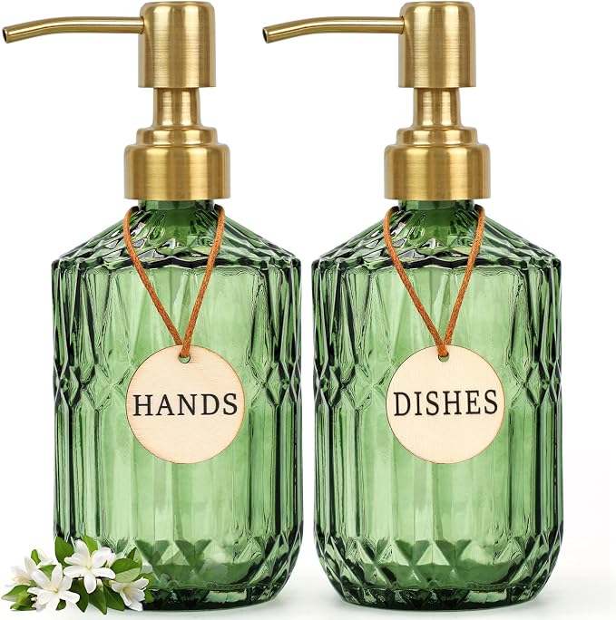 Green Glass Soap Dispenser, Kitchen Hand and Dish Soap Dispenser Set by Unknown