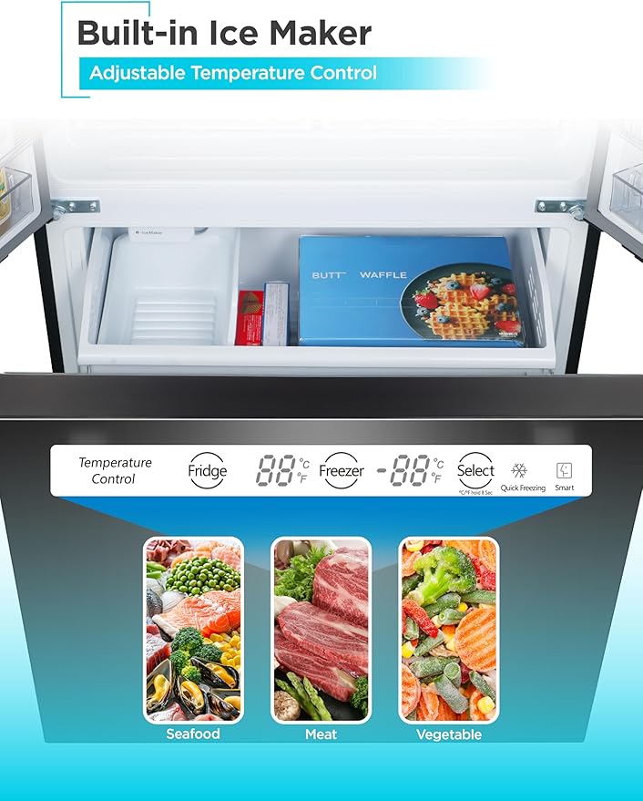 BLACK+DECKER 18 Cu. Ft. French Door Refrigerator with Built-in Ice Maker, Full Size Refrigerator with Bottom Mount Freezer Drawer, Frost Free, ENERGY STAR certified, BRF1800GIMB, Black