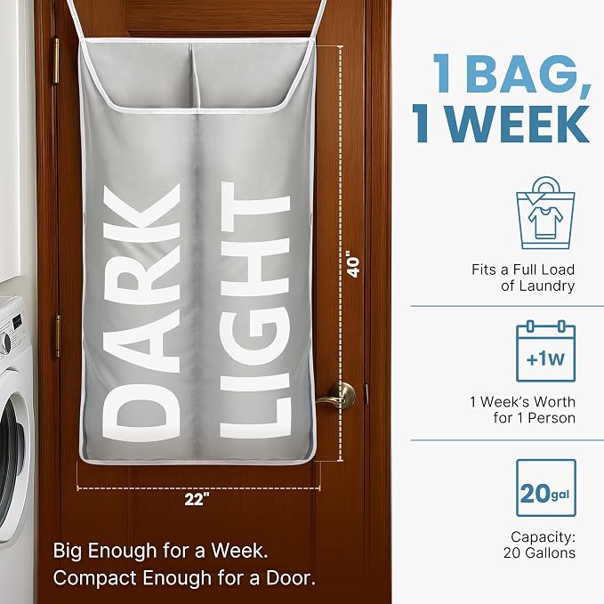 Hanging Laundry Hamper Bag XL 40x22", Space Saving over the Door Storage Bags - Image 2