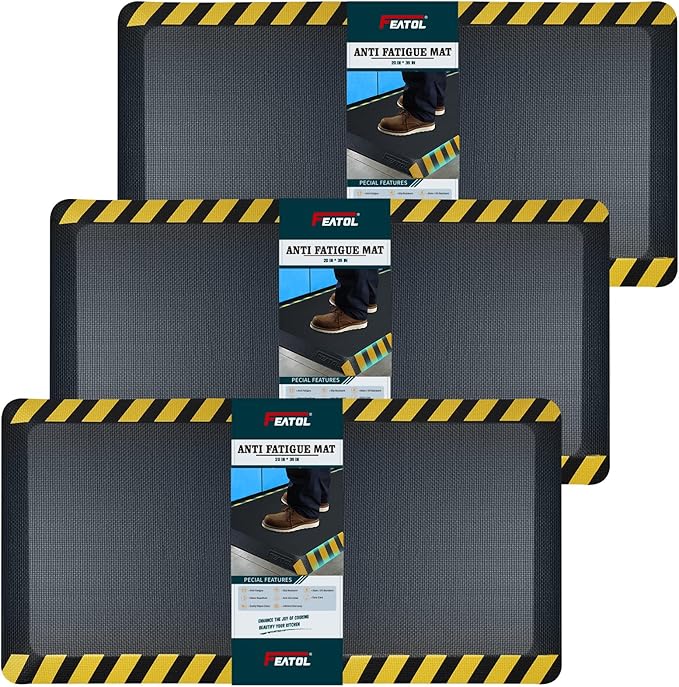 FEATOL Anti Fatigue Mat Industrial, Ergonomic Standing Floor Mat for Work for Stand -Safety Support for Leg & Back Pain(Yellow Border, 20" x 32", 3PC)