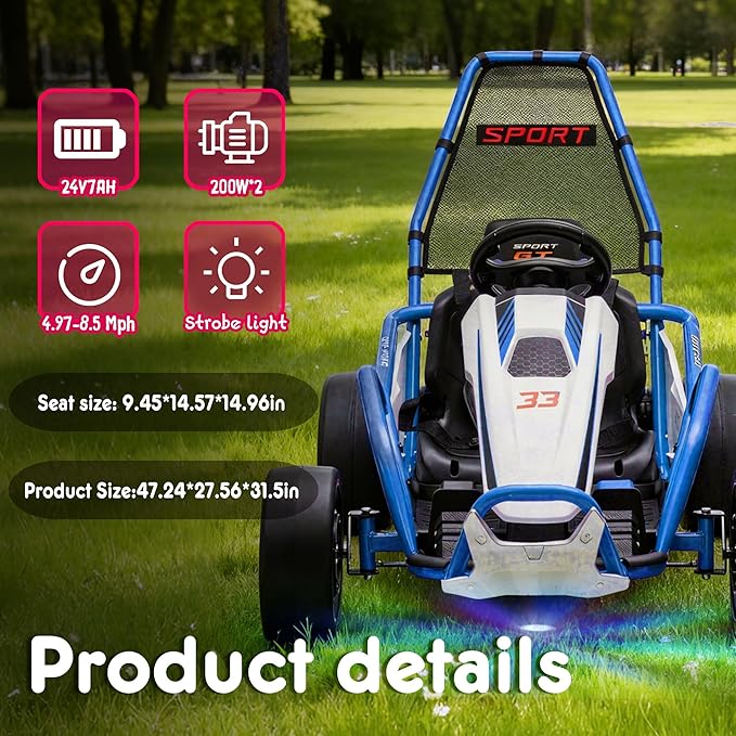 24V 8.5 MPH Electric Go Kart for Kids, 400W Powerful Drift Kart w/Front EVA Wheel & Metal Frame, Ride on Toy w/Music & Lights, Suspension, 2 Speed, 5 Point Harness, Crazy Cart for Ages 6+, Blue
