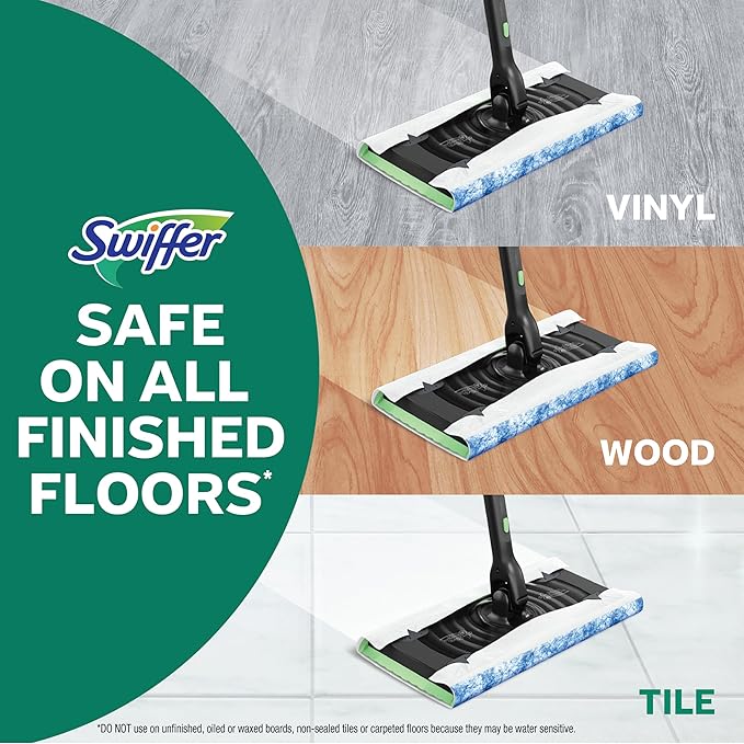 Swiffer Sweep & Mop Deluxe 2-in-1 Multi-Surface Kit for Floor Cleaning, Includes 1 Sweeper Device, 5 Dry Sweeping + 6 Wet Mopping Heavy Duty Cloths, Black
