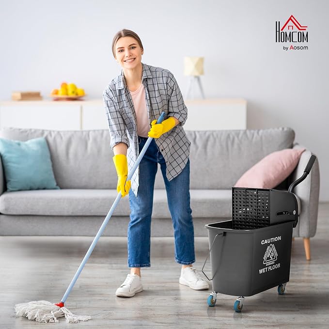 HOMCOM Commercial Mop Bucket Side Press Wringer Wheels 21 Quart Black - Image 2