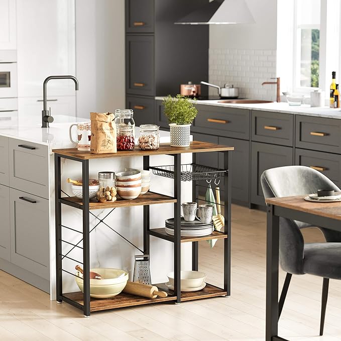 VASAGLE Baker's Rack, Coffee Bar Stand with Charging Station, 33 Inches Tall, Storage Shelves, Pull-Out Wire Basket, Table for Microwave, Kitchen, Rustic Brown and Ink Black UKKS90X