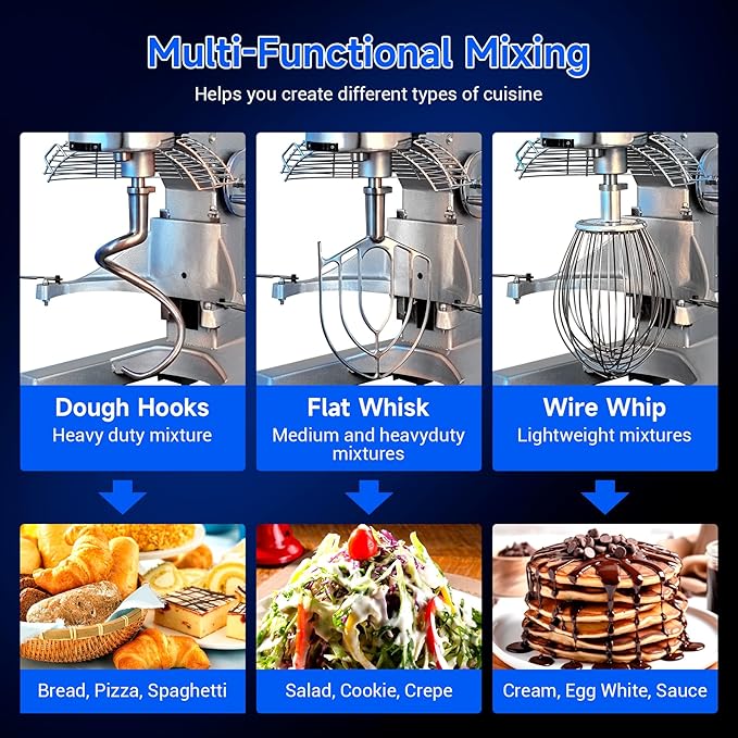 20Qt Commercial Food Mixer with Timing Function,1100W Commercial mixer 3-Speed Adjustable Heavy Duty, Electric Stand Food Mixer with Stainless Steel Bowl for Bakery Pizzeria. (Standard)