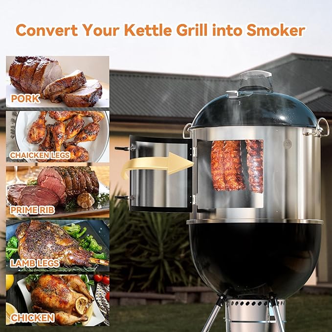 Charkettle Stainless Steel Grill Smoking Kit, with 3-Tier Rib Hanger and Openable Door, Compatible with Weber 22 inch Kettle Grills - Convert Your Kettle into Smoker