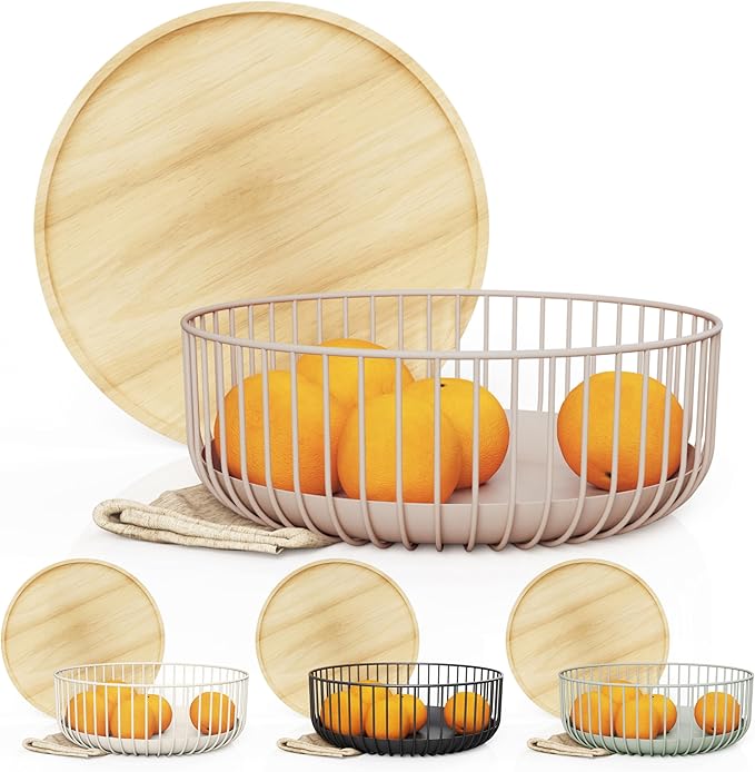 Fruit Basket for Kitchen - Multi-Purpose Stackable Basket with Wooden Lid - Powder Coated Metal and Rubber Wood - Wire Baskets for Organizing - Minimal Design - 11.4''x11.4''x4.5'' - Peach