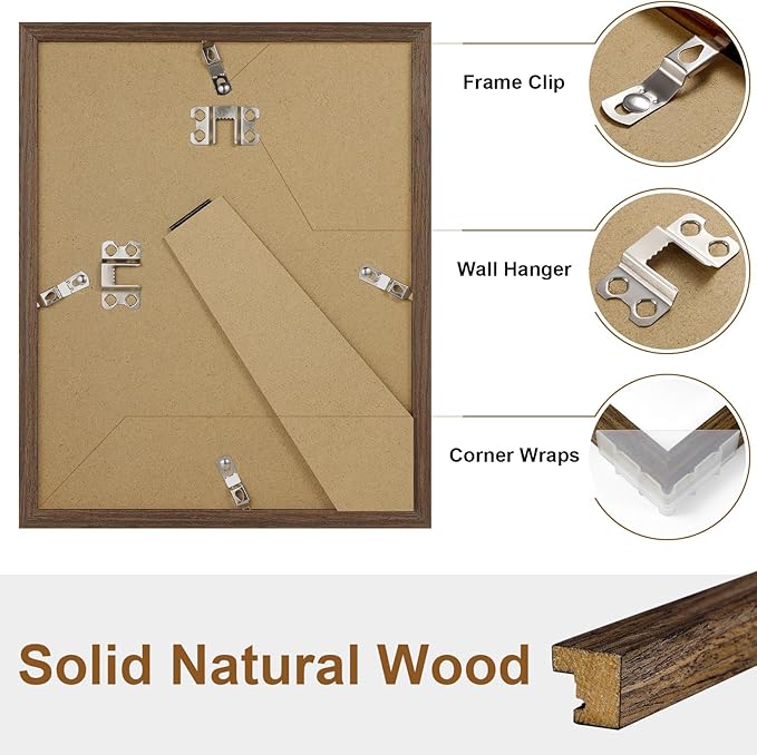 Vittanly 8x10 Picture Frame Set of 2, Solid Wood Frame for Wall or Tabletop, Display Photo 5x7 with Mat or 8x10 without Mat, Brown