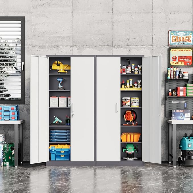 Metal Cabinet Steel Storage Cabinet - 71” Tall Steel File Cabinets with Lockable Doors and 5 Adjustable Shelves Gray&White Storage Cabinets for Home, School, Office, Garage
