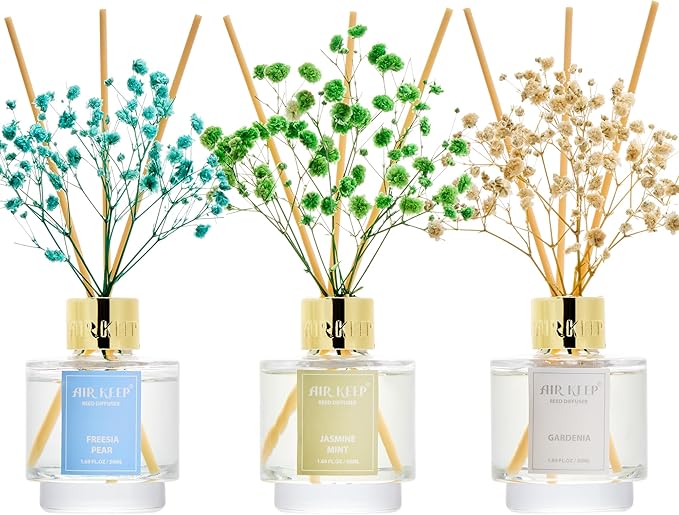 Reed Diffuser Set of 3, Jasmine Mint Gardenia Freesia Pear Oil Reed Diffusers by Airkeep