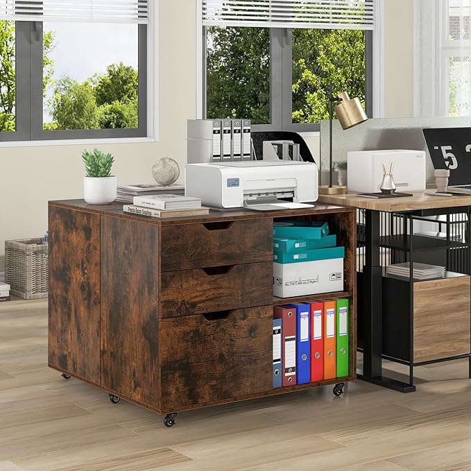 File Cabinet, Mobile Filing Cabinet w/Universal Wheels & 3 Drawers, Wood Printer Stand with Storage, Rolling File Cabinets for Home Office, Living Room, Bedroom (Rustic Brown, 3 Drawers)