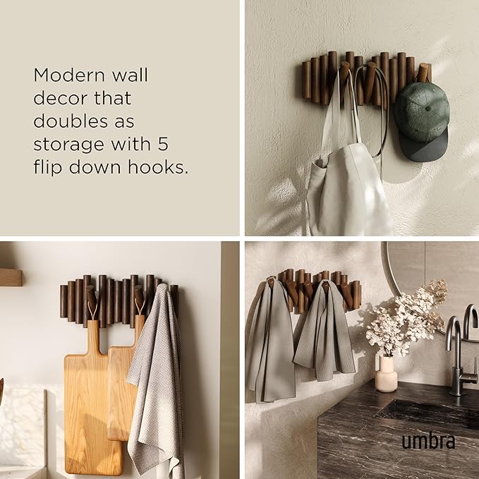 Umbra Picket Coat Rack, Wall Mount 5 Flip-Down Coat Hooks, Walnut | Beveled - Image 4