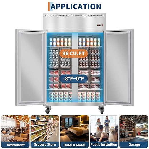 PeakPursuit 48" W Commercial Freezer -8°F~0°F,Reach-in 36 Cu.ft 2 Door Stainless Steel Commercial Refrigerator Fan Cooling,6 Adjustable Shelves, Auto Defrost,for Restaurant,Bar,Kitchen,Shop