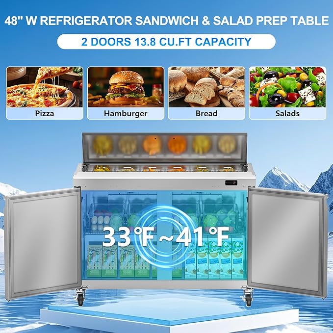 48" W Commercial Sandwich Prep Table Refrigerator, 13.8 Cu.ft Commercial Salad Bar with 12 Pans, Stainless Steel Refrigerated Sandwich Prep Table 2 Solid Door for Restaurant, Bar, Shop, etc.