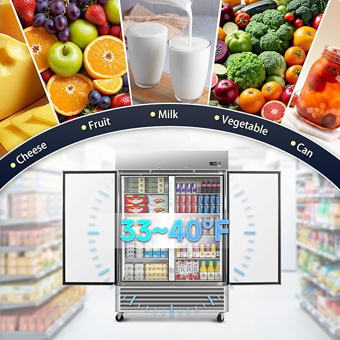 DeepTide 54" W Commercial Upright Refrigerator with Double-Door: 49 Cubic Feet Storage, Adjustable Shelving, Automatic Defrosting, Precision Digital Thermostat, LED Lights, Safety Locks